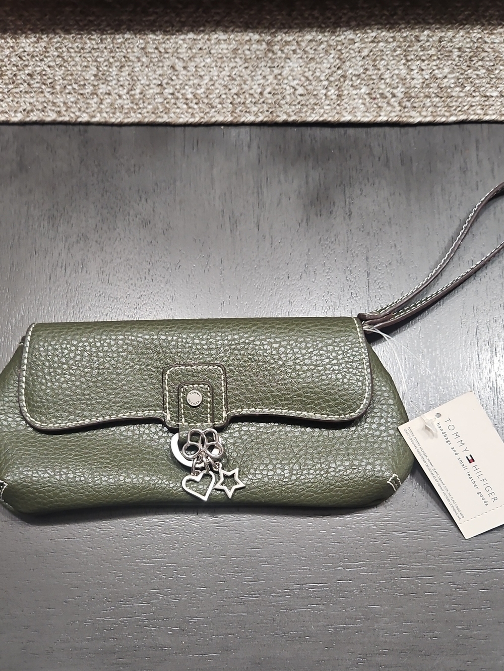 Tommy Hilfiger Olive Green Pebbled Leather Wristlet